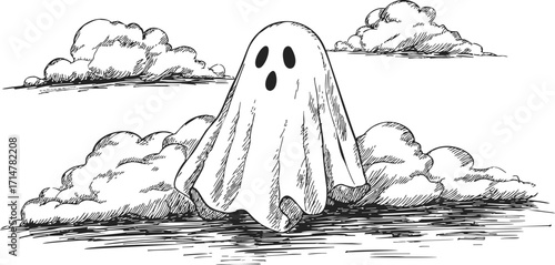 Ghost sketch hand drawn style floating among clouds landscape — stock vector