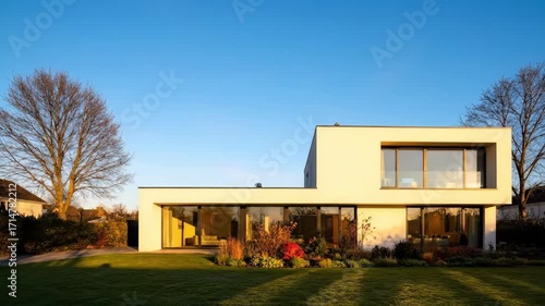 Modern house with large windows and garden under blue sky  