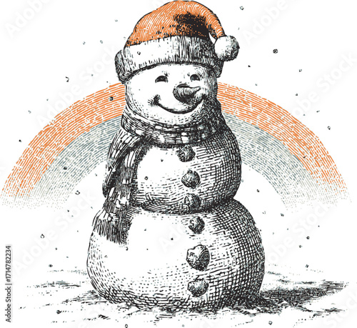 Snowman sketch hand drawn with scarf and hat, snow falling, rainbow background — stock vector