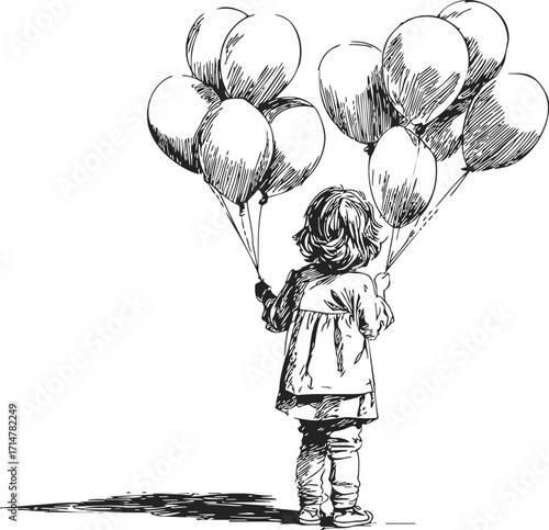 Child holding balloons sketch, hand drawn style, back view, standing alone — stock vector