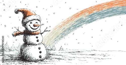 Snowman sketch hand drawn with scarf hat and rainbow in snowy landscape — stock vector
