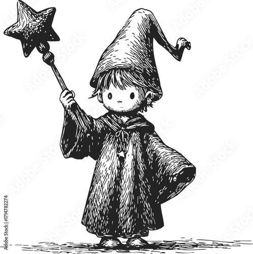 Kid wizard sketch hand drawn style holding star wand in robe — stock vector