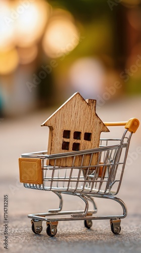 Shopping Cart Carrying a Wooden House Symbolizing Home and Real Estate Opport...