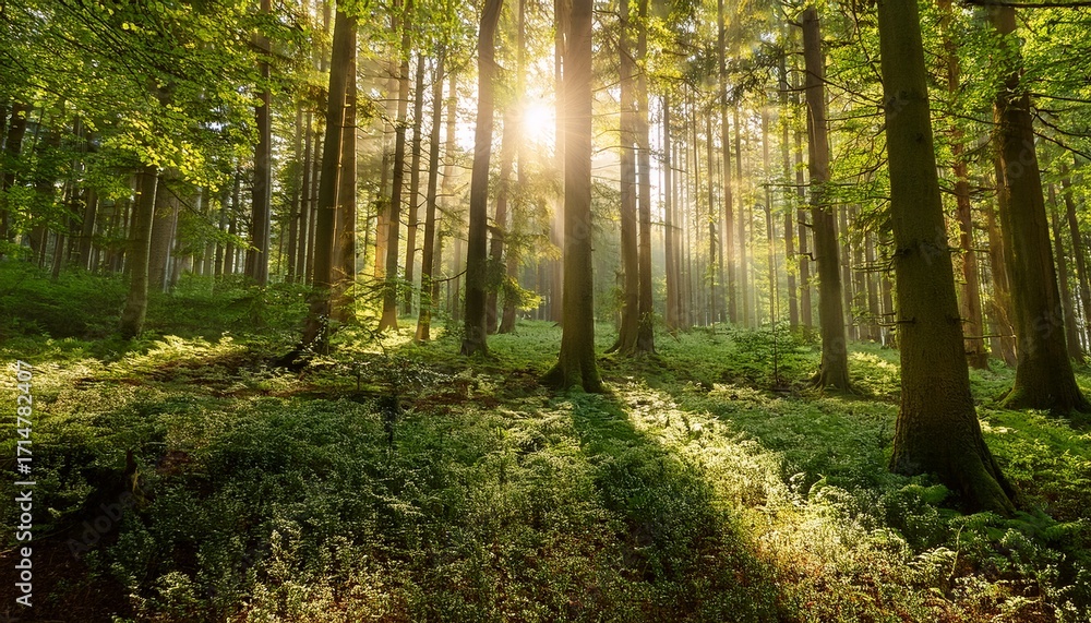 Obraz premium Sunlight Filtering Through Lush Green Trees In Tranquil Forest
