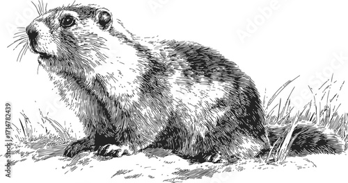Groundhog sketch hand drawn style detailed sitting on grass — stock vector