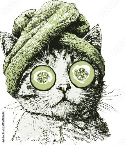 Cat with towel turban and cucumber slices on eyes, sketch hand drawn spa scene — stock vector