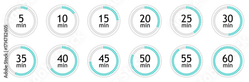 Set of circular countdown timer icons from 5 to 60 minutes. Timer, clock, stopwatch and cooking time icon set. 5, 10, 15, 20, 25, 30, 35, 40, 45, 50, 55, 60 minutes. Isolated vector illustration.