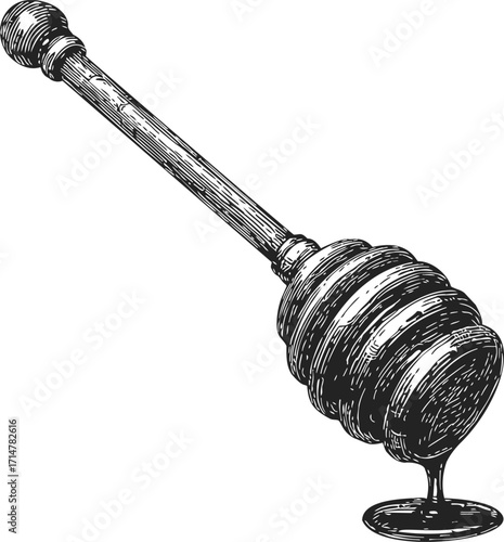 Honey dipper sketch hand drawn with honey dripping, vintage kitchen utensil — stock vector