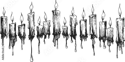 Candles sketch hand drawn melting wax dripping vintage style row — stock vector