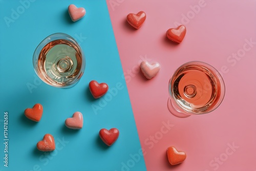 Romantic Drinks and Heart-Shaped Candies on Colorful Backgrounds for a Celebr...