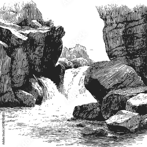 Waterfall sketch hand drawn with rocks and flowing stream — stock vector