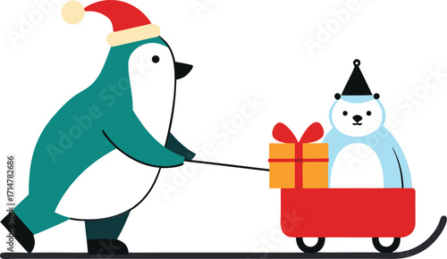 Penguin pulls polar bear and gift in a sleigh
