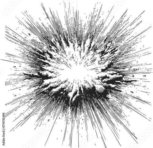 Explosion sketch hand drawn vector, dynamic radial burst lines and debris effect — stock vector