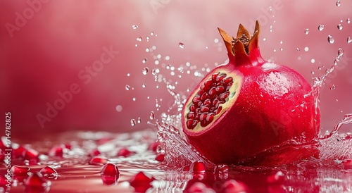 Fresh Pomegranate Splashes in Vibrant Red Water During a Summer Afternoon.