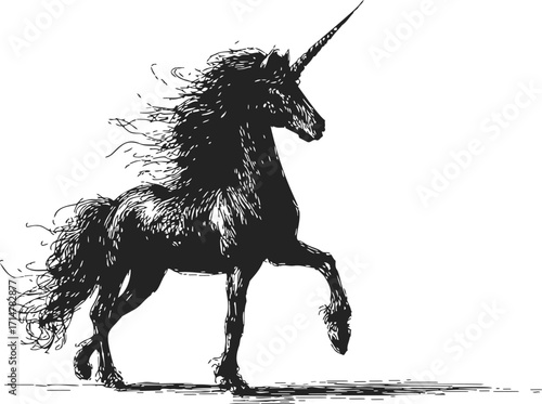 Unicorn sketch hand drawn style majestic mythical horse with flowing mane — stock vector