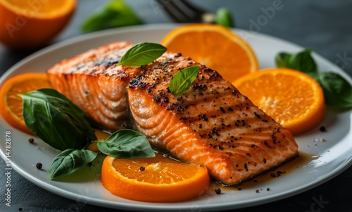 Delicious Grilled Salmon Fillets With Fresh Basil and Citrus Garnish on a Whi...