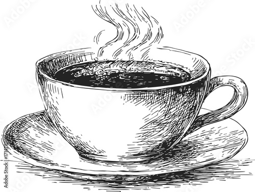 Coffee cup sketch hand drawn with saucer and steam rising — stock vector