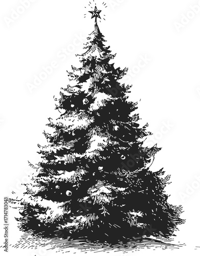 Christmas tree sketch hand drawn with star and ornaments — stock vector