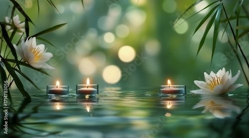 Relaxing Candles and Lotus Flowers Float on Calm Water in a Peaceful Garden S...