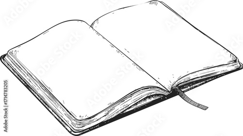 Open book sketch hand drawn style with blank pages and ribbon bookmark — stock vector