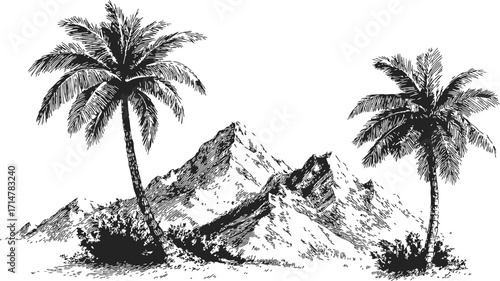 Palm trees sketch hand drawn with mountain landscape background — stock vector