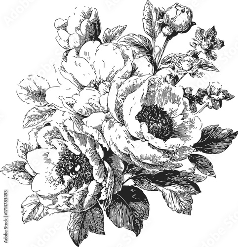 Peony flowers sketch hand drawn detailed botanical bouquet black and white — stock vector