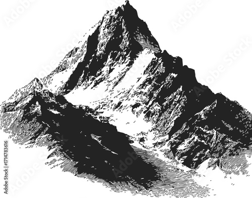 Mountain peak sketch hand drawn rugged alpine landscape black and white — stock vector