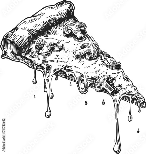 Pizza slice sketch hand drawn with melting cheese and mushrooms — stock vector