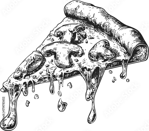Pizza slice sketch hand drawn with melting cheese and mushrooms — stock vector
