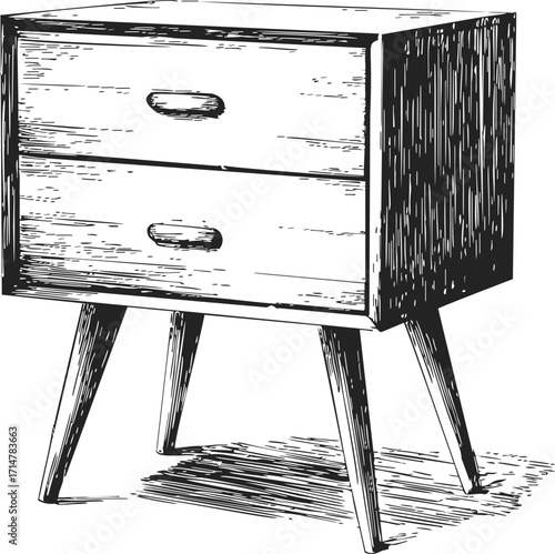 Nightstand sketch hand drawn mid century style with two drawers — stock vector
