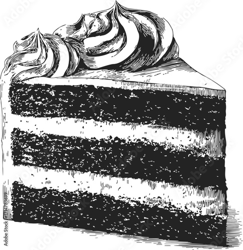 Cake slice sketch hand drawn with whipped cream topping, layered dessert illustration — stock vector