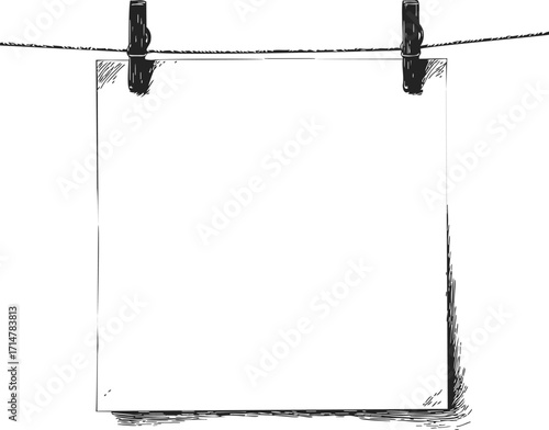 Blank paper sketch hand drawn hanging on clothesline with clothespins — stock vector