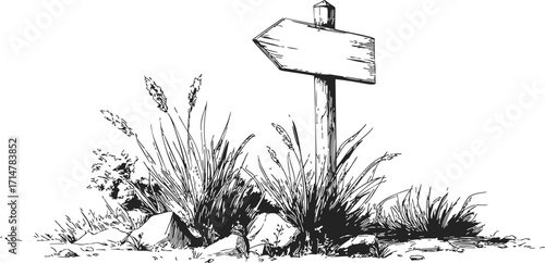 Wooden signpost sketch, hand drawn with grass and rocks at base — stock vector