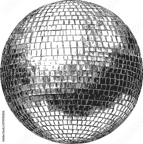 Disco ball sketch hand drawn mirror sphere with reflective tiles — stock vector