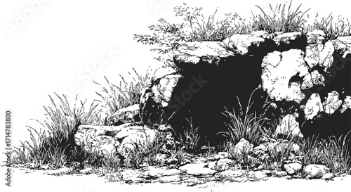 Cave entrance sketch, hand drawn rocky opening with grass and plants — stock vector