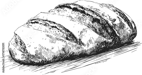 Loaf of bread sketch, hand drawn rustic artisan bread with crusty texture — stock vector