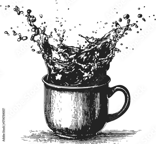 Coffee cup sketch with dynamic splash, hand drawn style, energetic liquid motion — stock vector