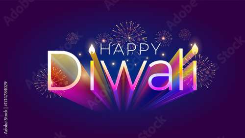Happy Diwali postcard. Festive neon lights, candles and fireworks background with 3d creative logotype design.