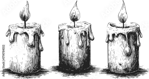 Three candles sketch hand drawn with melting wax and burning flames — stock vector