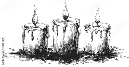 Three candles sketch hand drawn with melting wax and burning flames — stock vector