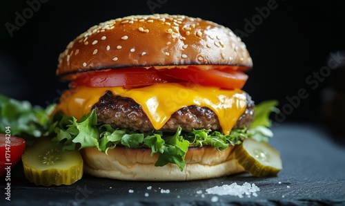 Juicy Cheeseburger With Fresh Toppings on a Slate Serving Board in a Casual D...