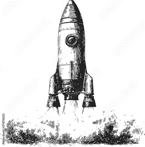 Rocket sketch hand drawn style launching with smoke and flames — stock vector