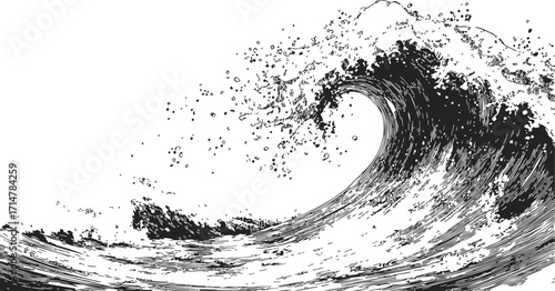 Ocean wave sketch hand drawn style with detailed splash and curling crest — stock vector