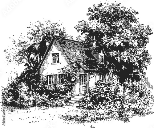 Cottage sketch hand drawn rustic house surrounded by trees and bushes — stock vector