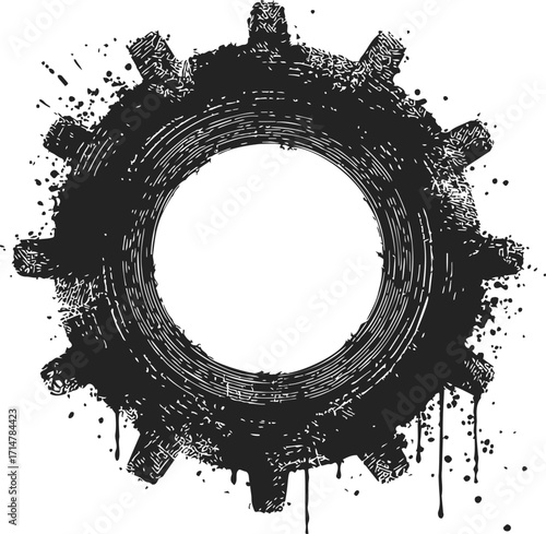 Gear grunge sketch, hand drawn black cogwheel with splatter and drips — stock vector