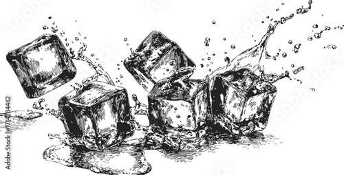 Ice cubes sketch hand drawn with splashing water and melting effect — stock vector