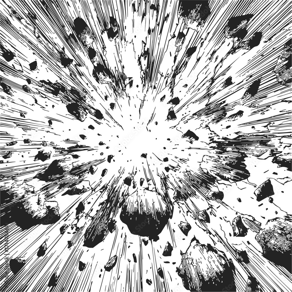 Obraz premium Explosion sketch hand drawn dynamic blast with debris and speed lines — stock vector