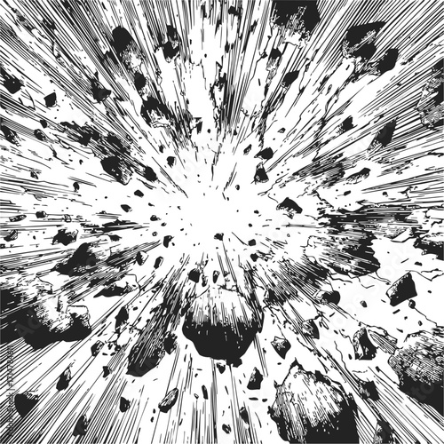 Explosion sketch hand drawn dynamic blast with debris and speed lines — stock vector