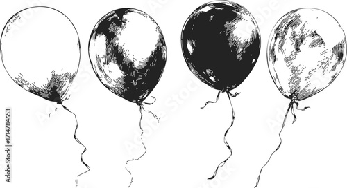 Balloons sketch hand drawn style with detailed shading and curly strings — stock vector