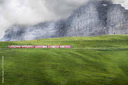 Train of the Jungfrau rack railway on its way to Jungfraujoch terminal in the Bernese Overland region of Switzerland